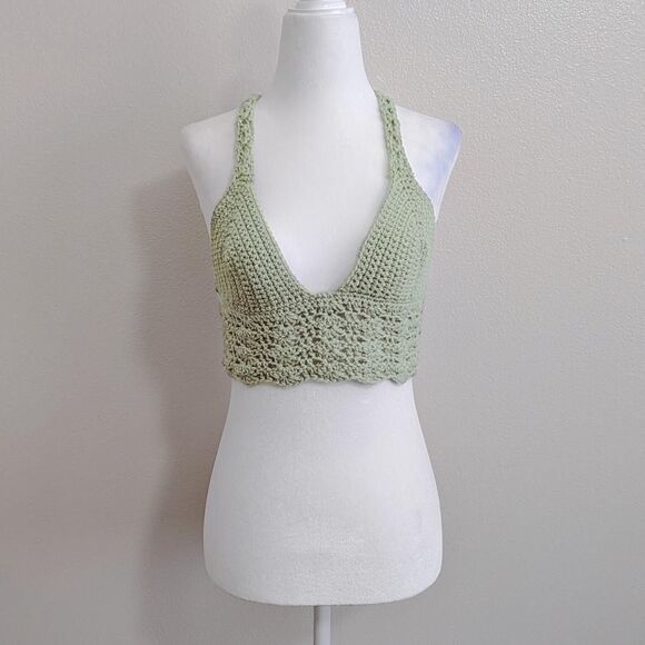 Handmade Tops - Handmade Sage Green Crochet Shell Stitch Halter Top w/ Lace Up Back | Size S
